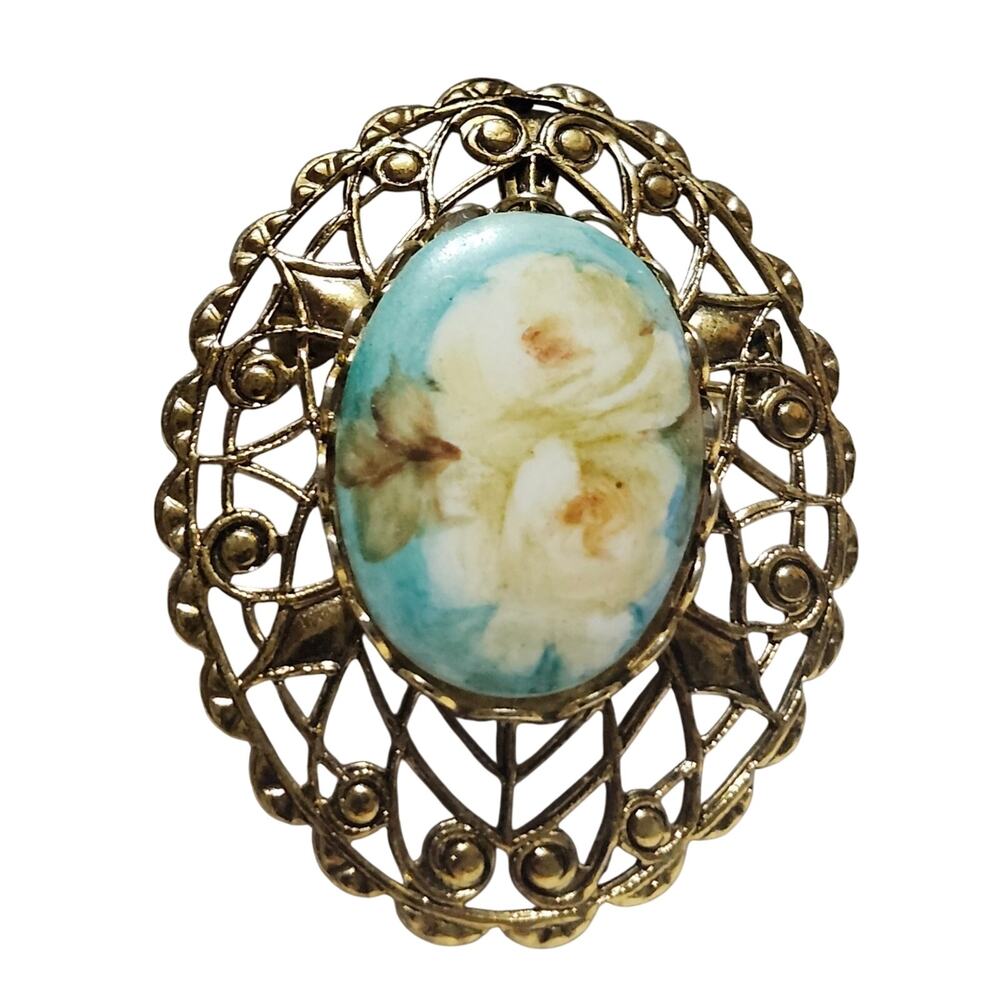 Vtg Hand Painted Porcelain Yellow Cream  Roses Filigree Pin Brooch